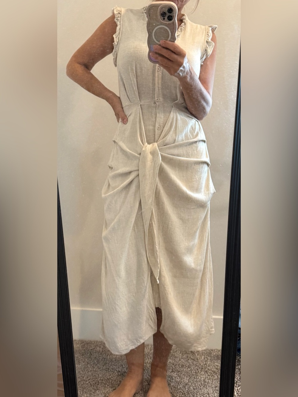 MABLE Beige Linen Draped Corpcore Button-Down Midi Dress S Wrap Anthro